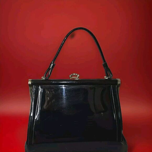 Vintage 1950s 1960's Black Patent Leather Framed Purse Short handle Classy U.S.A - Picture 1 of 13
